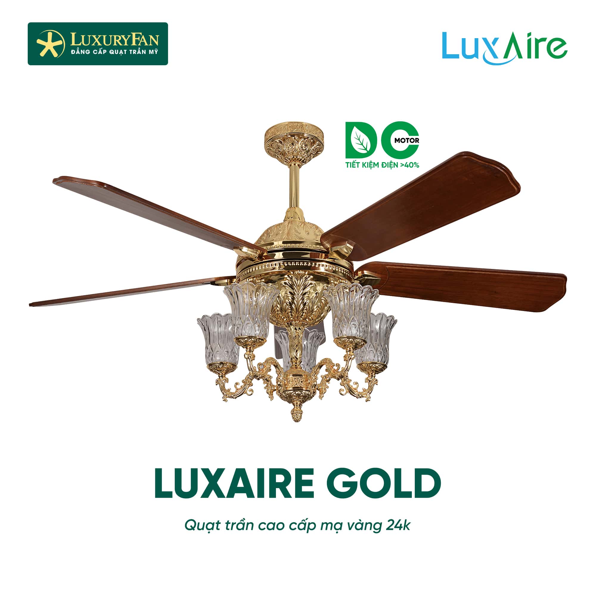 Đèn pha lê tinh xảo với quạt mạ vàng 24K LuxAire Gold