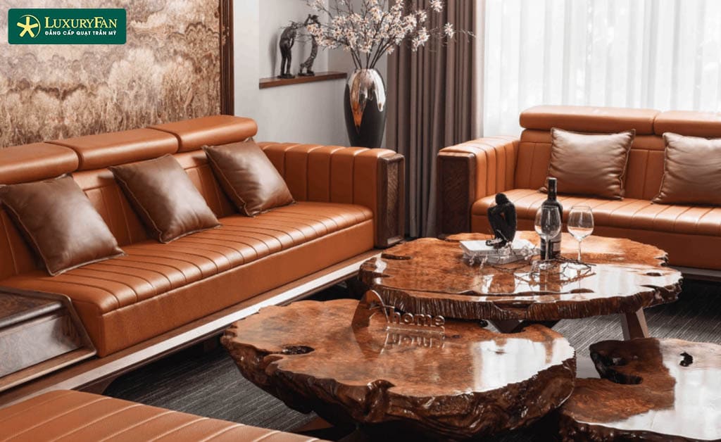 Sofa kết hợp nội thất gỗ óc chó phòng khách