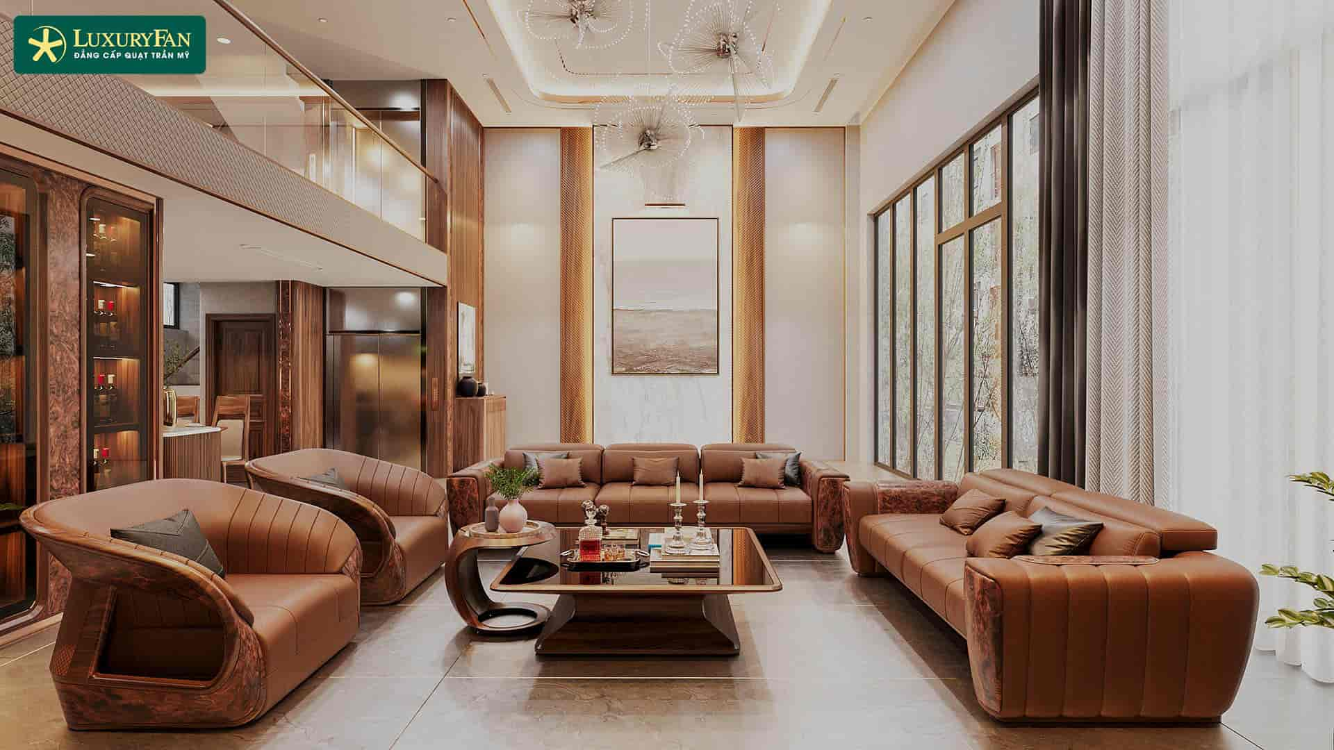 Sofa màu gỗ óc chó cùng nội thất như tủ rượu...