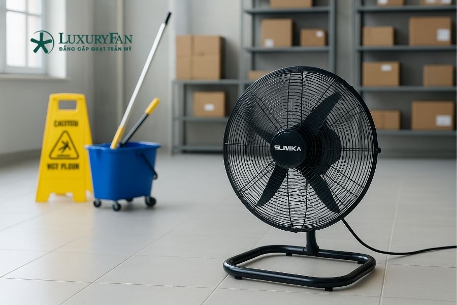 Quạt sàn công nghiệp được thiết kế với phần thân thấp, đặt sát mặt đất và tạo luồng gió mạnh theo phương ngang.