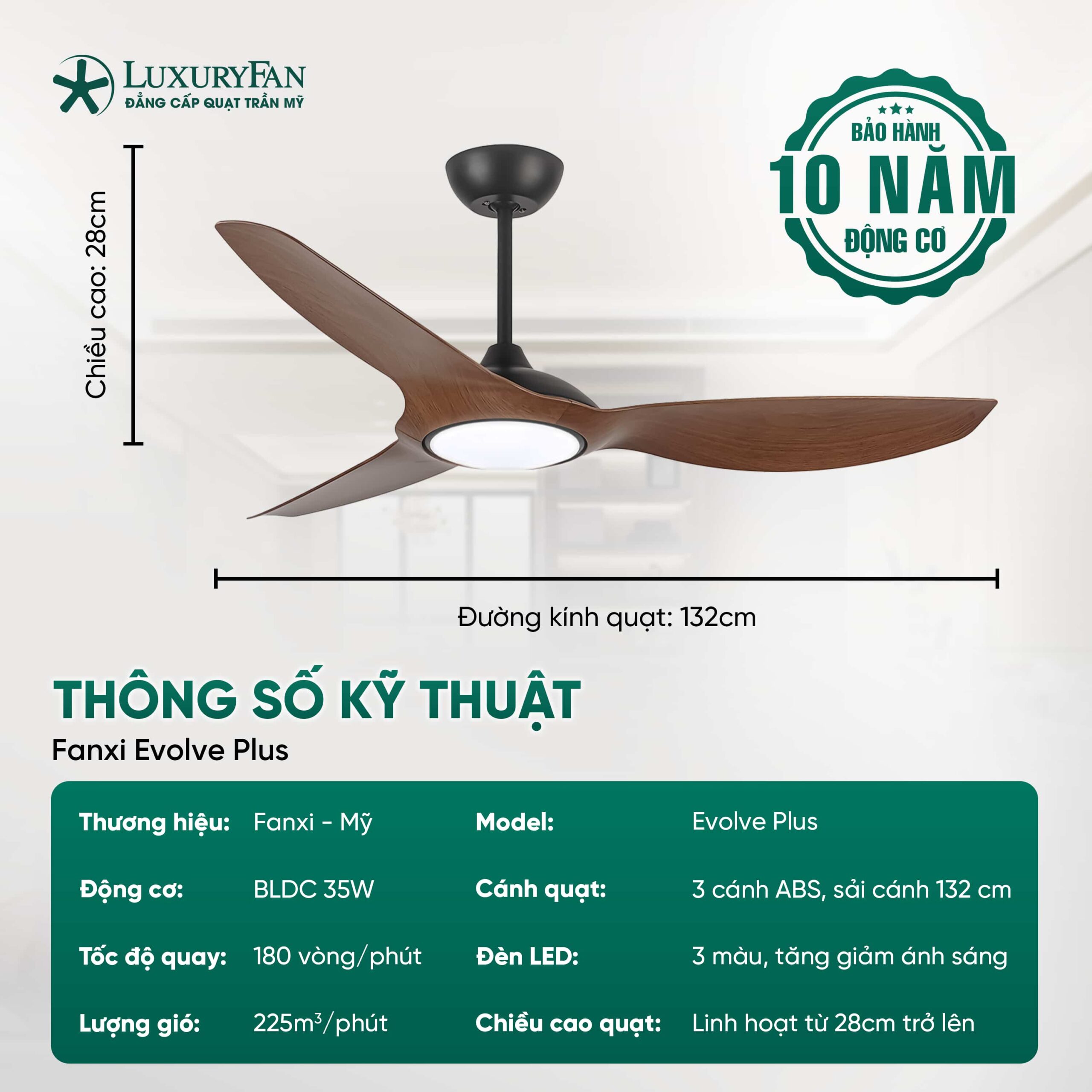 Thông số kỹ thuật quạt trần Fanxi Evolve Plus