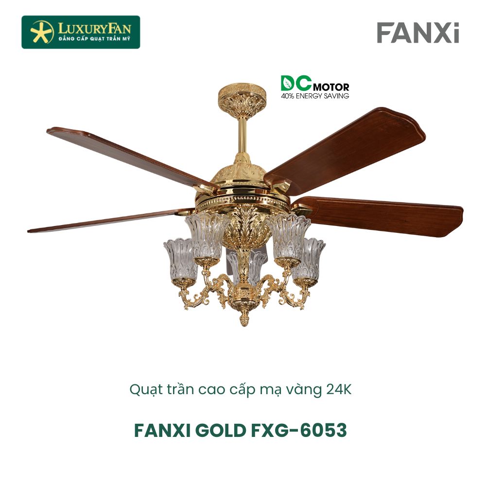 Quạt trần 5 cánh có đèn mạ vàng 24k