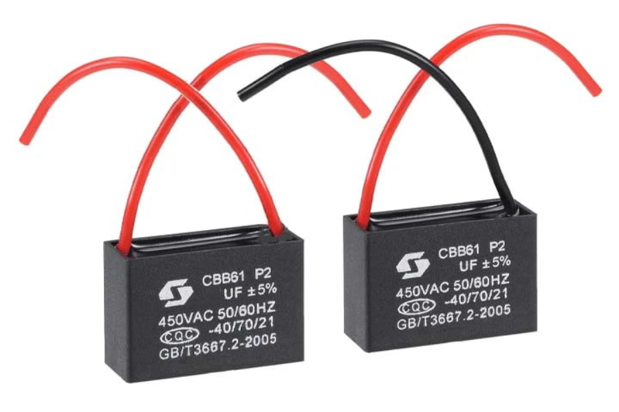 Tụ điện quạt trần là một linh kiện điện tử nhỏ (hình chữ nhật hoặc hình trụ)