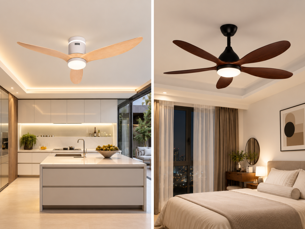 Độ ồn của quạt trần 3 cánh và 5 cánh phụ thuộc vào động cơ, tốc độ quay và lắp đặt